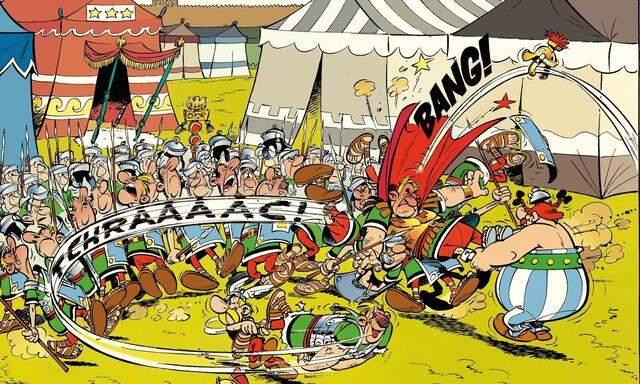 Konfliktbewältigung à la Obelix: Zeichnungen von Uderzo wurden für "Der goldene Hinkelstein" aufmerksam restauriert.