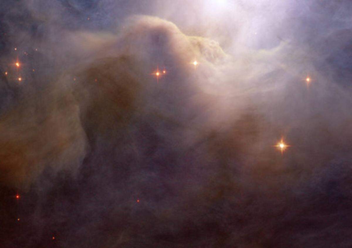 Dieses Bild zeigt eine Nahaufnahme des nordwestlichen Teils des Iris-Nebels. Der helle Stern HD 200775 beleuchtet den Nebel von oben, die Staubpartikel sind um ein vielfaches kleiner als diejenigen, die auf der Erde zu finden sind.