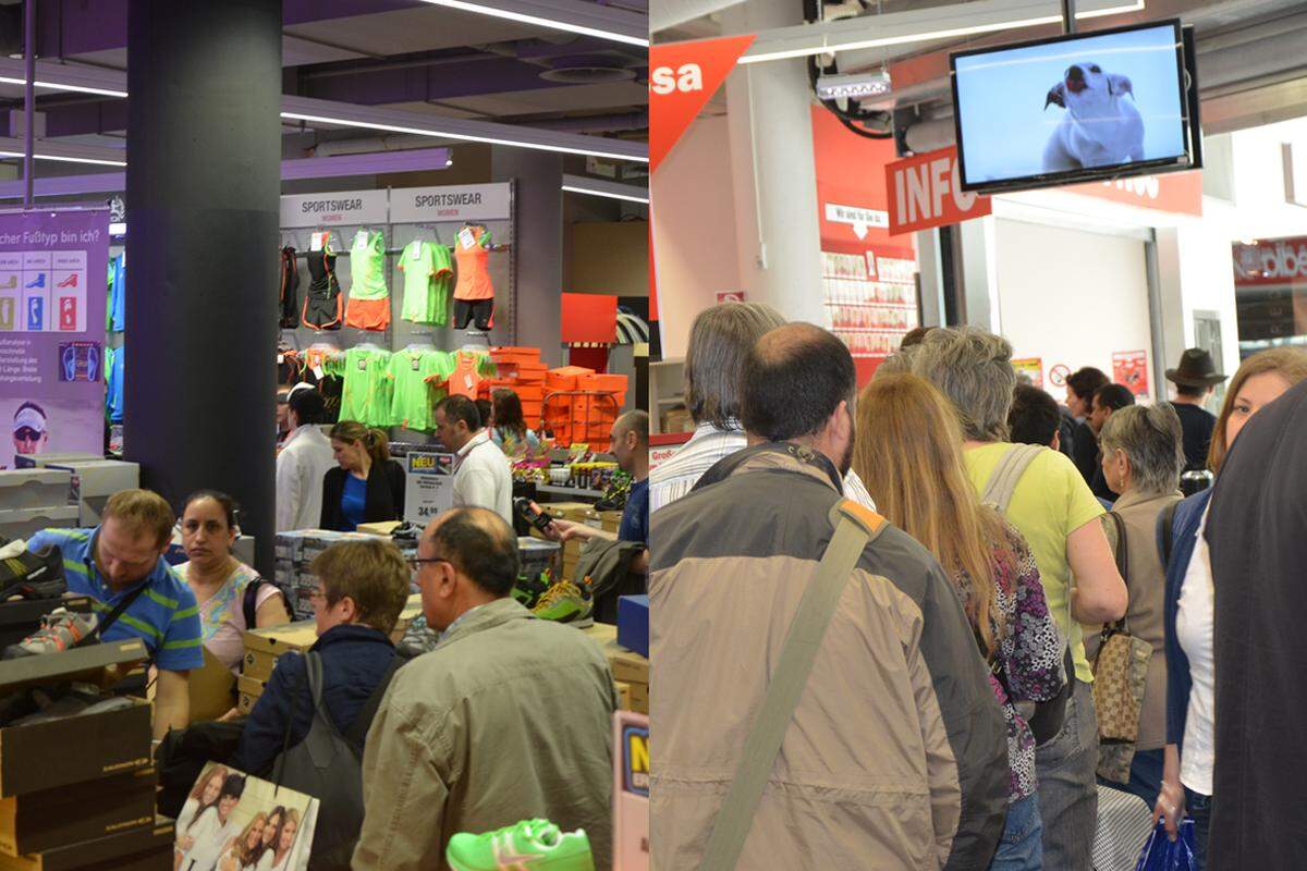 Sonderrabbatte und Eröffnungsaktionen sorgen vor allem beim Sportartikelhändler Hervis und beim Elektronik-Riesen Mediamarkt für Andrang an den Kassen.