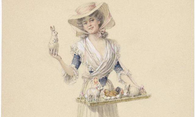Ein Novum: Osterhasenverkäuferin um 1900. Zuvor schenkten die Menschen einander  eher Gebetsbücher.