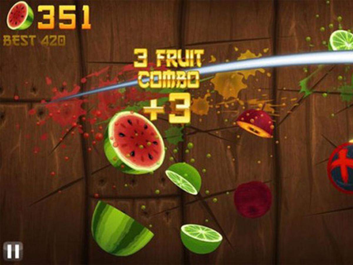 Kampf den Früchtchen: Fruit Ninja setzt auf das Erfolgsprinzip "keep it simple" und lässt den Spieler Ananas, Melone, Orange und Co. in der Luft mit einer virtuellen Klinge auseinander säbeln. Kein Obststück darf ganz bleiben und das oberste Ziel sind Punkte. Am iPad lässt sich das sogar zu zweit erledigen - auf geteiltem Bildschirm.Für iPhone, Android, Windows Phone, Symbian