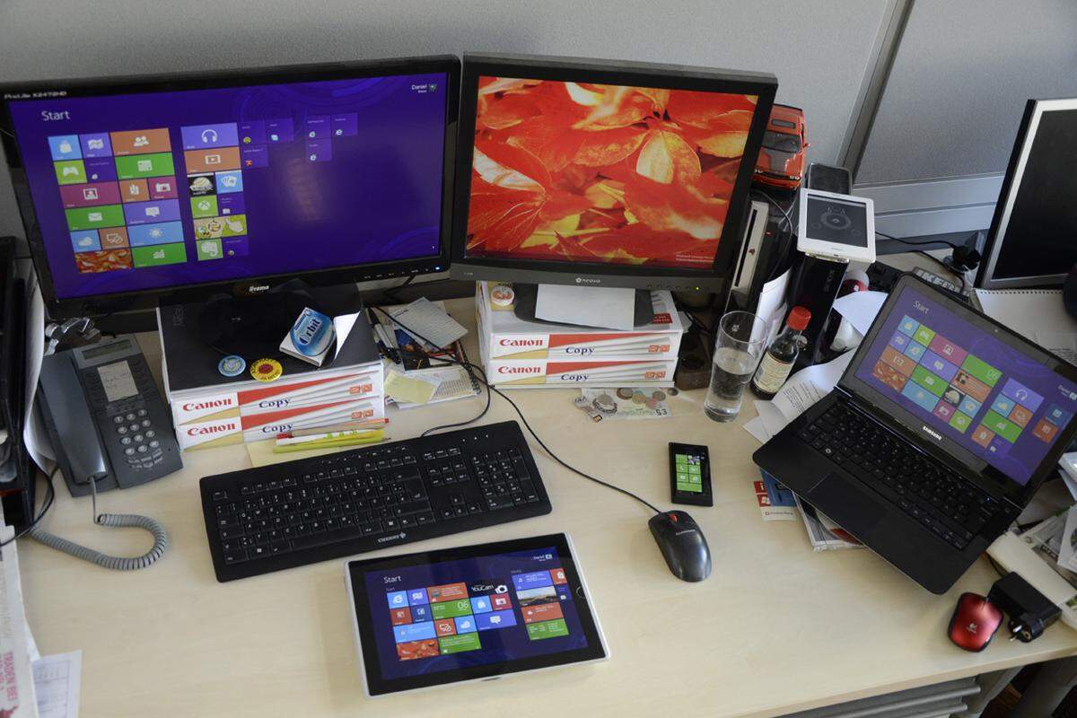 Jeder PC, der mit Windows 7 funktioniert, soll auch mit Windows 8 funktionieren. Zumindest lautet so Microsofts Prämisse für die neue Software. Wir haben uns die Speerspitze im Kampf gegen Apple und Google auf drei Systemen angesehen: Arbeitsplatz-Rechner mit zwei Displays, Laptop und Tablet.