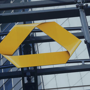 A Commerzbank logo is pictured after the bank´s annual news conference in Frankfurt