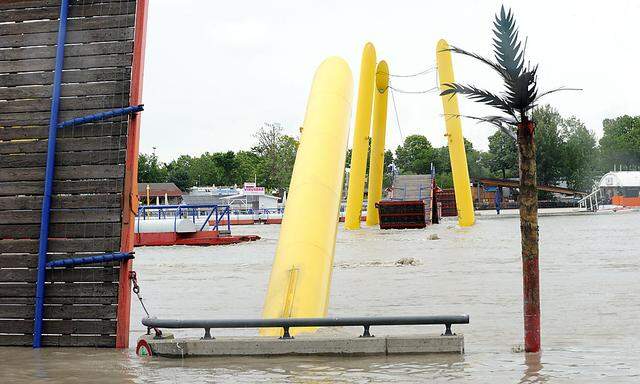 Der Fußgängerübergang über die Neue Donau am 3. Juni am Höhpunkt des Hochwassers. Die Neue Donau wurde geflutet, dadurch kam auch das verschmutze Wasser in das Entlastungsgerinne der Donau.