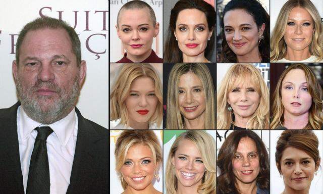 Harvey Weinstein mit einigen jener Frauen, die ihn wegen sexueller Belästigung oder Missbrauchs anklagen.