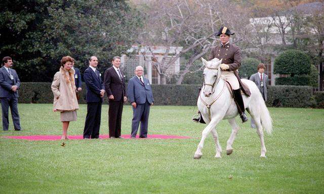 Thomas Klestil (l.) und Rudolf Sallinger flankieren Ronald Reagan 1982 im Rosengarten des Weißen Hauses bei einer Vorführung der Spanischen Hofreitschule. Als Draufgabe erhielt Reagan den Hengst Maestoso Blanca.