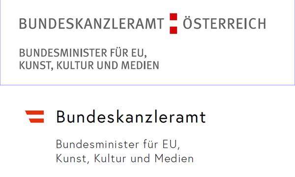Das im Bundeskanzleramt angesiedelte Ministerium für EU, Kunst, Kultur und Medien von Ressortchef Gernot Blümel (ÖVP) wird als Subzeile angeführt.  Im Bild: oben das alte Logo, unten das neue Logo