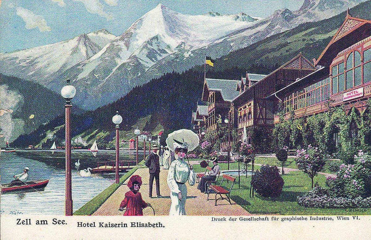 Das Hotel Kaiserin Elisabeth in Zell am See, um 1900. Hier logierte die Kaiserin 1885 und 1888 mit ihrer Tochter Valerie Marie, um die Schmittenhöhe zu erwandern.