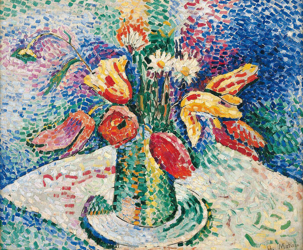 Die Aufregung, welche die Künstlergruppe um Matisse beim 3. Pariser Herbstsalon 1905 verursachte, lässt sich heute dennoch kaum mehr nachvollziehen.  Henri Matisse: Papageien-Tulpen, 1905, Albertina, Sammlung Batliner (c) Succession H. Matisse/VBK, Wien 2013