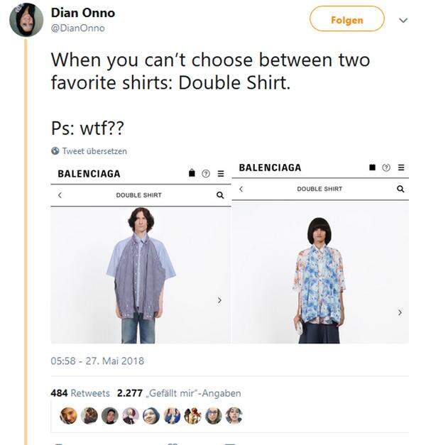 Im Web stößt der neue Trend jedoch mehr auf Unverständnis. "Wenn der Dresscode Smart Casual ist und du einfach mit deinem Hemd, das auf dein T-Shirt genäht wurde, erscheinst", lautet dazu etwa ein Kommentar. "Wenn du dich nicht zwischen deinen zwei Lieblingshemden entscheiden kannst: Doppel-Hemd", meint eine andere Userin.