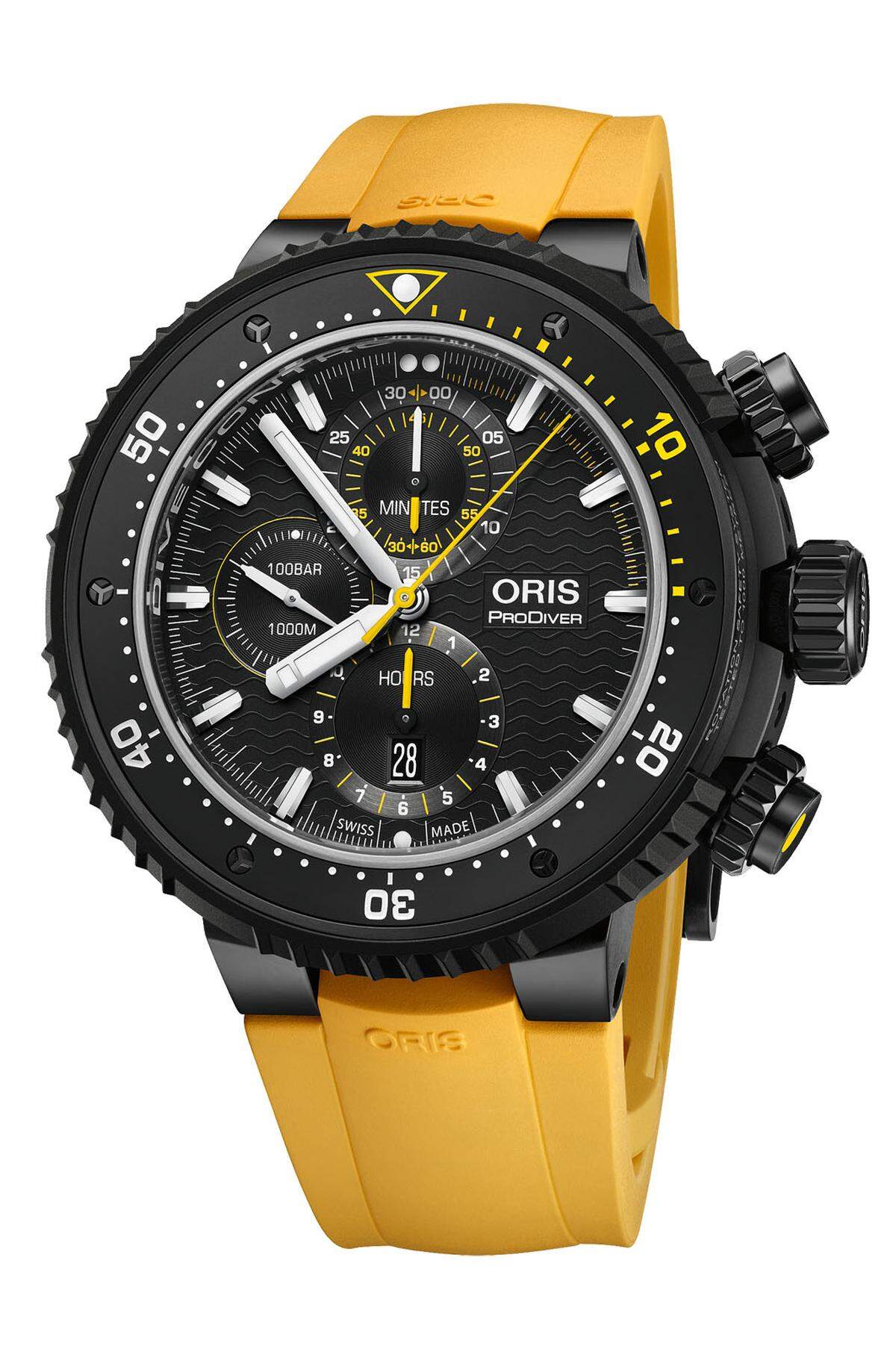 Oris „Dive Control Limited Edition“. Diese Weiterentwicklung der „Oris ProDiver“-Uhr für professionelle Taucher ist bis 1000 Meter wasserdicht.