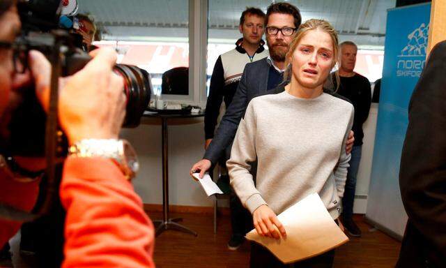 Norwegian three-time Olympic cross-country skiing medalist Therese Johaug arrives for press conference in Oslo