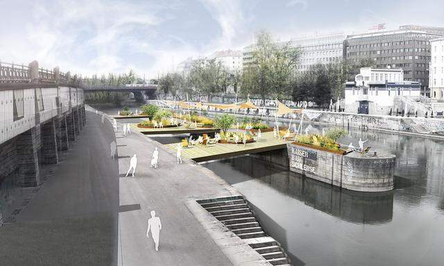 Die geplanten schwimmenden Gärten bei der Kaiserbadschleuse in einer Visualisierung