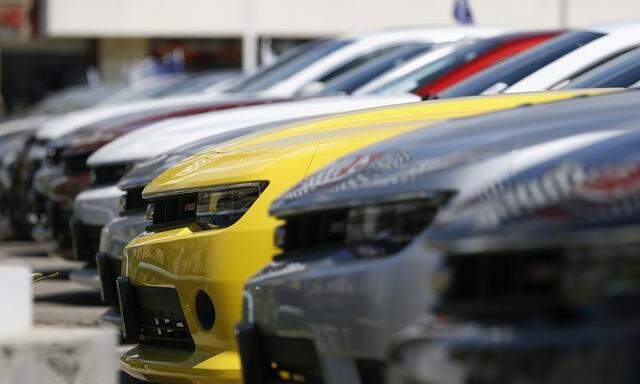 A group of Chevrolet Camaro cars for sale is pictured at a car dealership in Los Angeles, California