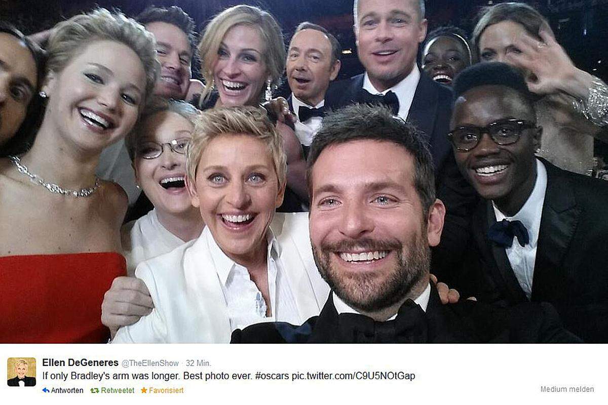 ... Brad Pitt, Angelina Jolie, Meryl Streep und Julia Roberts sowie Bradley Cooper. In nicht mal einer Stunde wurde das Selfie (Selbstporträt), mehr als 1,3 Millionen Mal weitergeleitet. Schauspielerin Meryl Streep zeigte sich nach der Aufnahme ganz aufgeregt: "Ich habe noch nie vorher getwittert!"