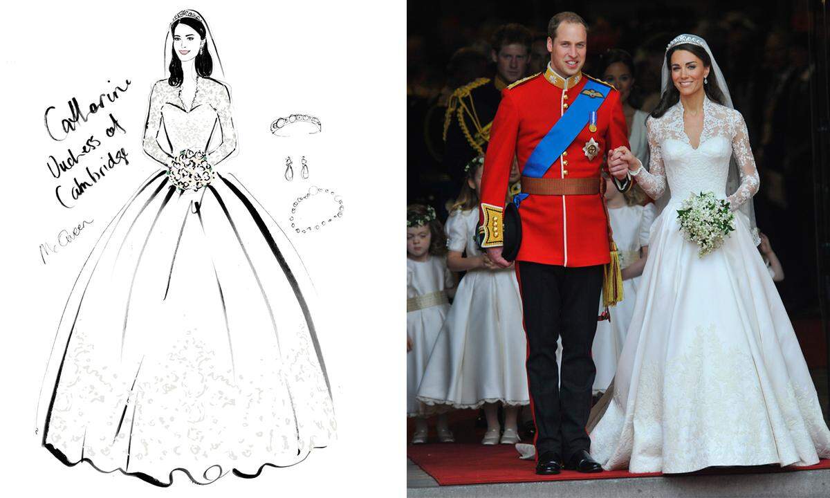 In die Geschichtsbücher ging auch Herzogin Catherines Hochzeitskleid ein, das die britische Designerin Sarah Burton, die für das Label Alexander McQueen arbeitet, entwarf.