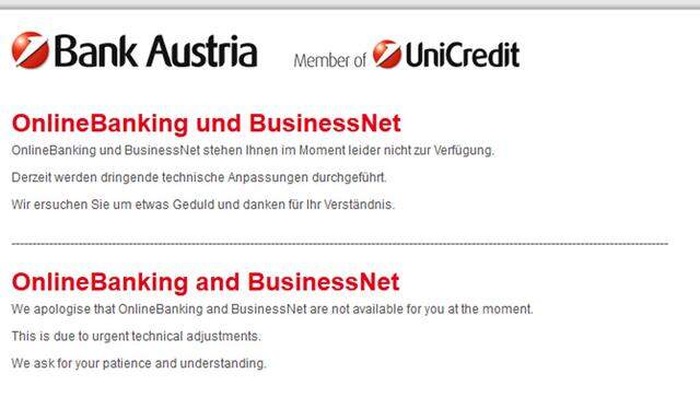 Fehlermeldung auf der Homepage der Bank Austria