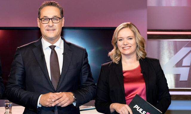 Vizekanzler Heinz-Christian Strache (FPÖ) und Puls 4-Moderatorin Corinna Milborn am Montag, 11. Juni 2018, anlässlich des Puls 4-Sommergesprächs in Wien. 