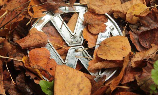 Symbolbild zur Krise bei Volkswagen Emblem VW liegt weggeworfen am Straszenrand im Herbstlaub