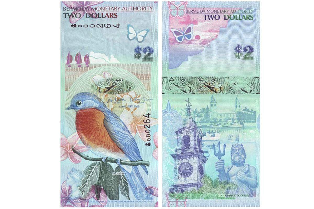Hübsch auch diese Zwei-Dollar-Banknote von den Bermuda-Inseln. Und wie so viele andere zeigt auch sie einen Vogel, nämlich den Rotkehl-Hüttensänger. Den muss man nicht lange suchen - den Kopf der Queen allerdings schon.