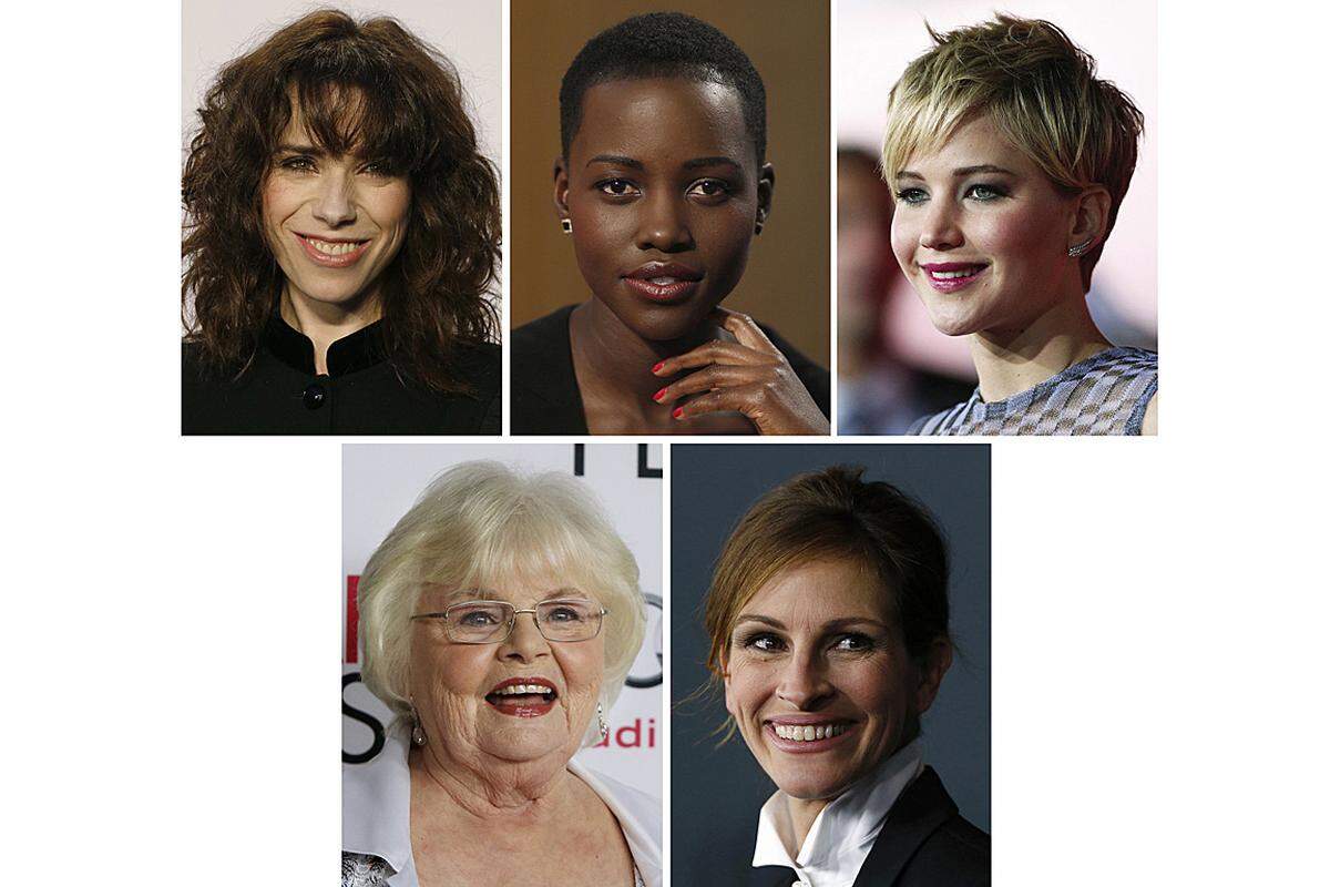Nominiert sind (im Uhrzeigersinn von links oben) Sally Hawkins für ''Blue Jasmine'' Lupita Nyong'o für ''12 Years a Slave''  Jennifer Lawrence für ''American Hustle''  Julia Roberts für ''August: Osage County''  June Squibb für ''Nebraska''