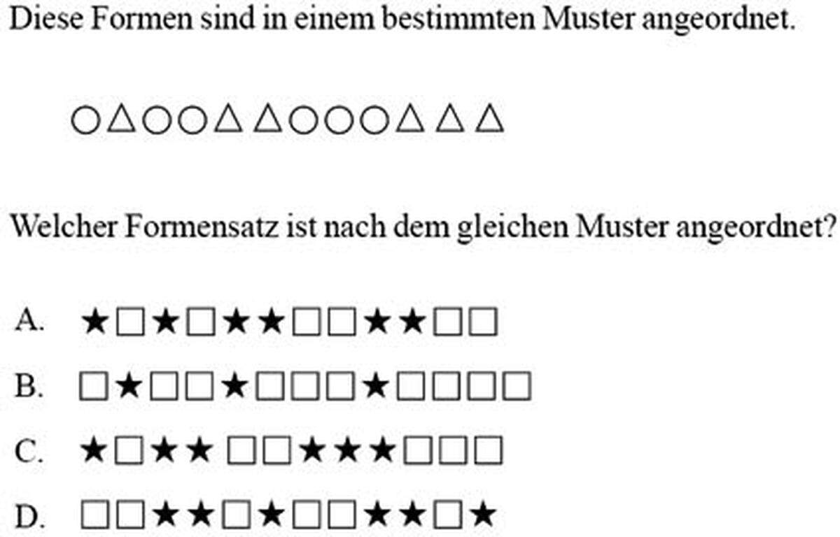 7. Die Formen in der oberen Reihe sind in einem bestimmten Muster angeordnet. Welcher Formensatz ist nach dem gleichen Muster angeordnet?