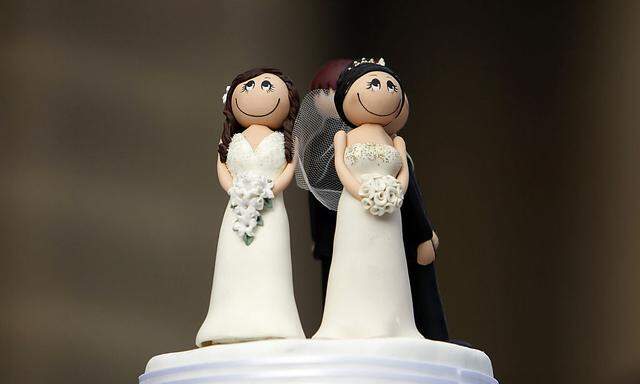 Two bride figurines adorn the top of a wedding cake during an illegal same-sex wedding ceremony in central Melbourne