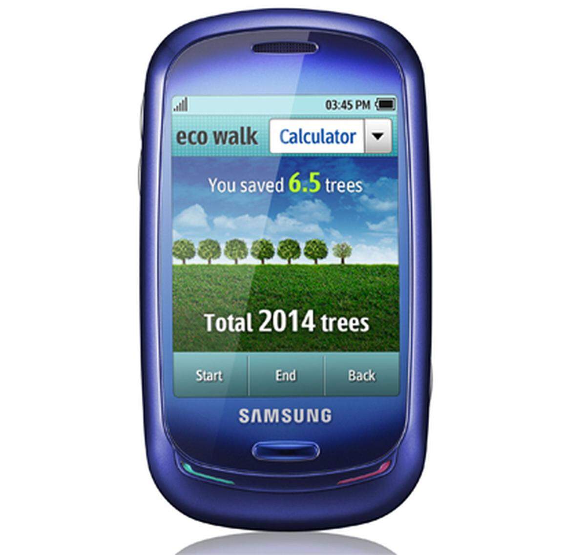Samsung sorgt beim Telefonieren für ein reines Umwelt-Gewissen. Das "BueEarth" kann (notfalls) über integrierte Solarzellen mit Sonnenenergie versorgt werden, besteht aus recycletem Plastik und berechnet über einen Schrittzähler, wieviel CO2 man im Vergleich zum Autofahren gespart hat. Rund 330 Euro