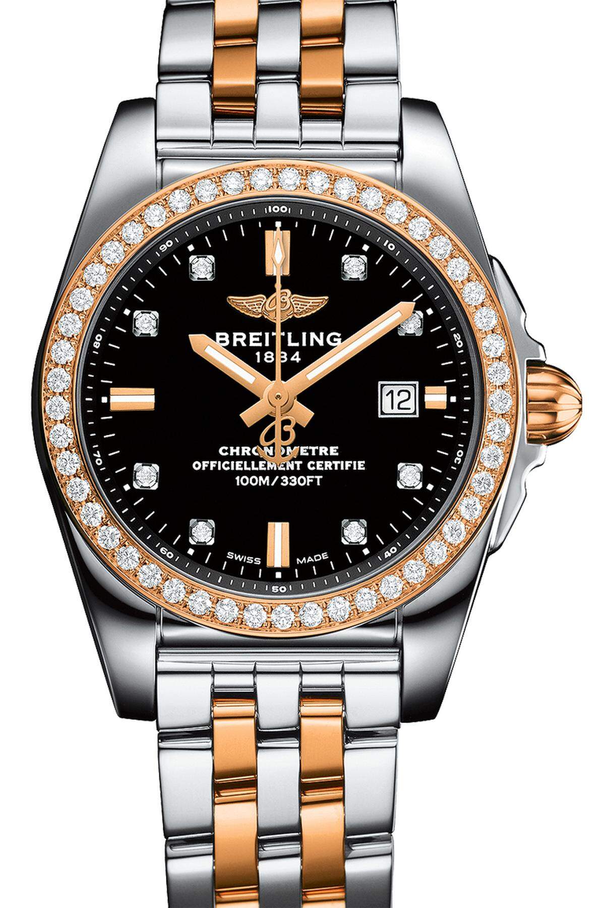 Breitling, „Galactic 29“. Ein Stahl-Gold-Gehäuse, die sportlich-elegante Erscheinung und eine reich mit Brillanten dekorierte Lünette zeichnen diese Uhr aus. Wie man sieht, fertigt Breitling ebenso wunderschöne Damenuhren. Preis: 10.130 Euro.  
