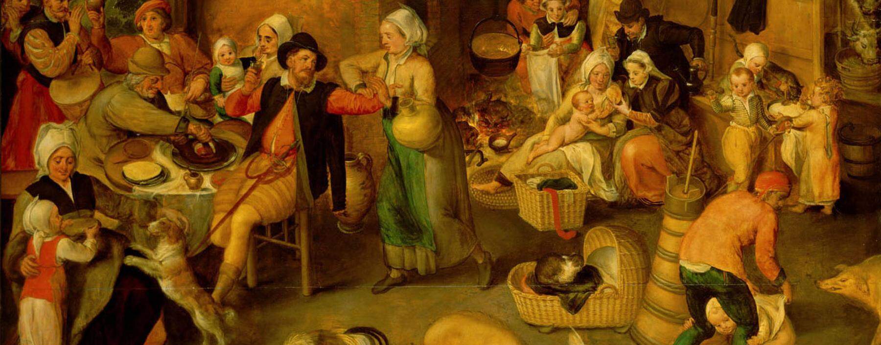 Alles auf engstem Raum: Der erweiterte Haushalt der vormodernen Zeit vereinte alle Lebensbereiche (flämisches Gemälde, 16. Jahrhundert).