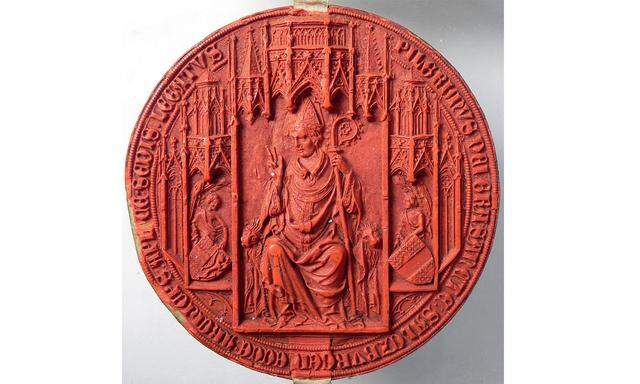 Siegel von Pilgrim II. von Puchheim, Salzburger Erzbischof 1365–1396.
