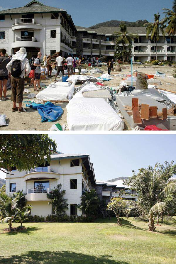 Warten auf die Evakuation auf den Phi-Phi-Inseln (Thailand) am 27. Dezember (oben) und eine Aufnahme des Strands am 11. Dezember 2009.