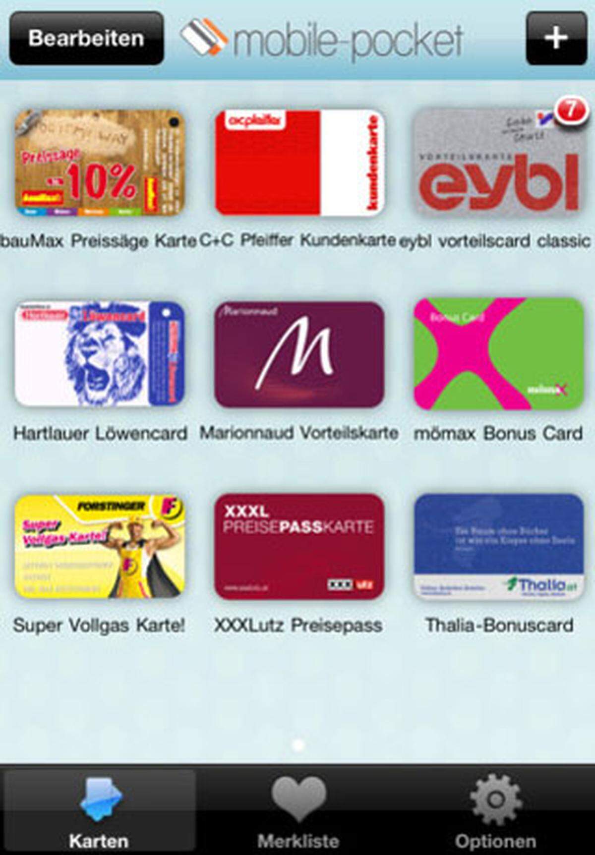 Die österreichische App Mobile Pocket lässt die Vielzahl an Kunden- und Vorteilskarten im Smartphone verschwinden. Das Grundprinzip ist denkbar einfach: Von vorhandenen Karten wird einfach mit der Handykamera die Nummer des Barcodes aufgenommen. Der Code kann dann an der Kassa wie gewohnt eingescannt werden - eben vom Handydisplay und nicht von der Karte.