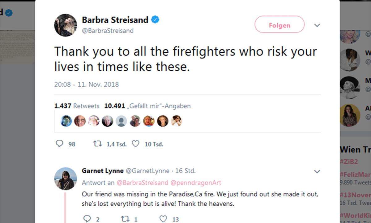 Sängerin Barbra Streisand, langjährige Hausbesitzerin in Malibu, dankte in einem Tweet allen Feuerwehrleuten, "die ihr Leben in Zeiten wie diesen aufs Spiel setzen". Ob ihre Villa noch steht, schrieb sie nicht. Nach einem Bericht des Fernsehsenders CBS fielen auch mehrere Filmsets dem Feuer zum Opfer.