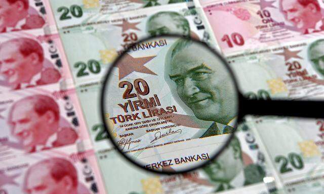 FILE PHOTO: A 20 lira banknote is seen through a magnifying lens in this illustration picture taken in Istanbul