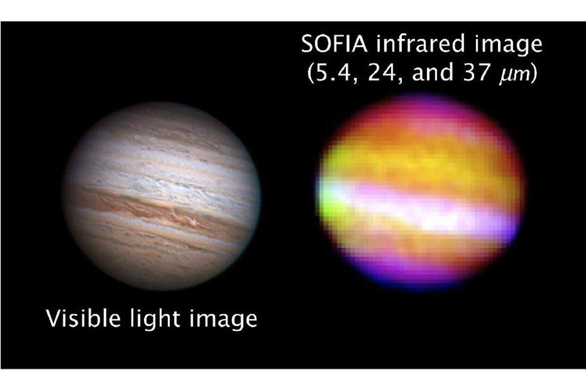 Eine Infrarotaufnahme des Jupiter während des Jungfernflugs von SOFIA.