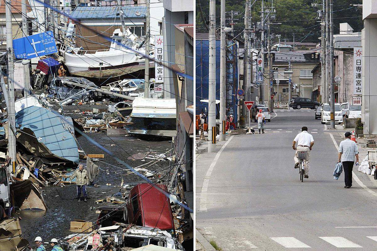 Fast 120.000 Menschen in den mit am schwersten betroffenen Provinzen Miyagi, Iwate und Fukushima haben infolge der Katastrophe ihren Arbeitsplatz verloren, wie der Fernsehsender NHK berichtete. Eine Straße in Miyako. Links aufgenommen am Tag nach der Tsunami-Katastrophe, rechts am 4. Juni.