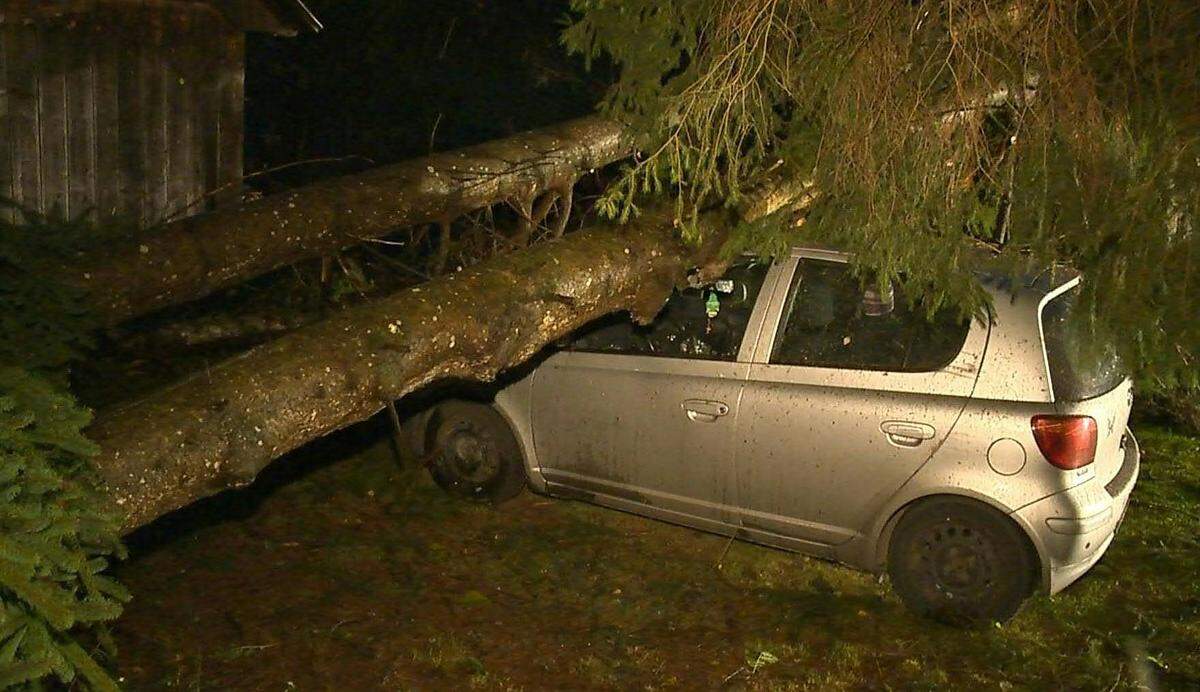 Steiermark: In Bleiberg (Gemeinde Irdning) stürzten durch den Sturm in der Nacht zwei Bäume auf ein Wohngebäude sowie auf einen davor geparkten Pkw.