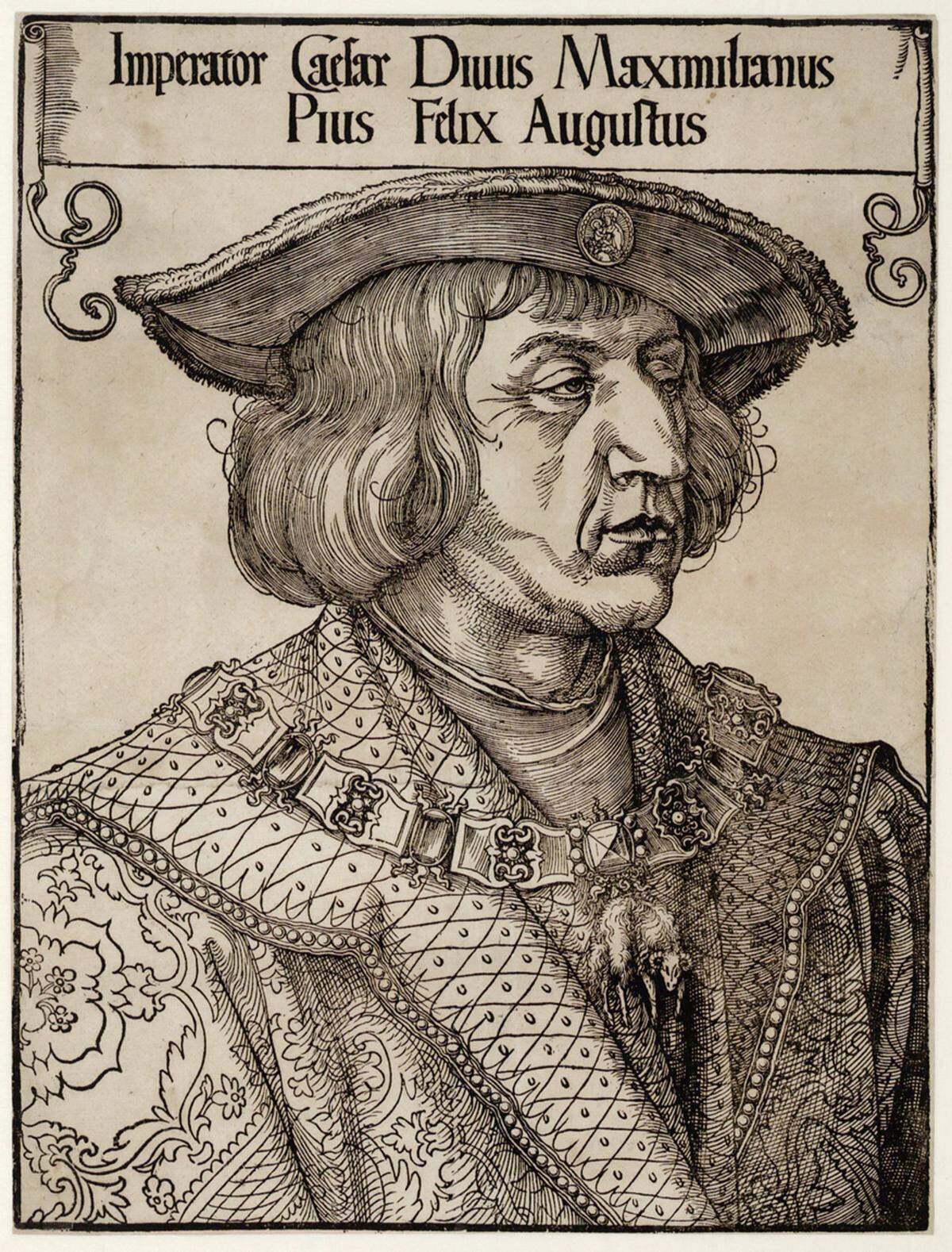 Die Vielzahl an Holzschnitten zeigt, das der Kaiser für fast alle seiner Aufträge eine Mehrstufigkeit der Kunstwerke wie die damit verbundene Verbreitung wünschte. Albrecht Dürer: Bildnis Kaiser Maximilians I., um 1519