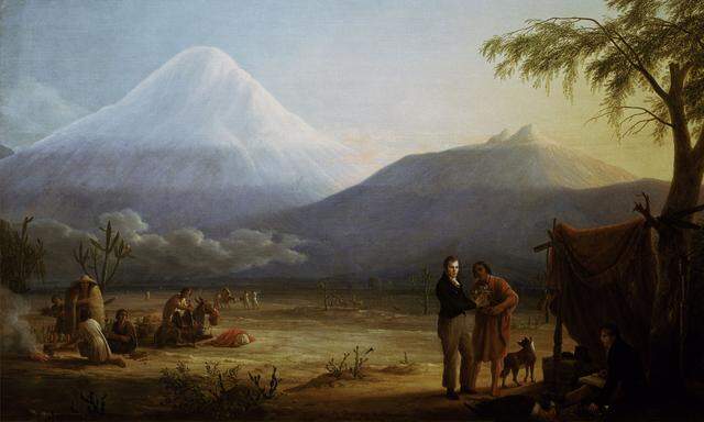 An diesem Berg, dem Chimborazo in Ecuador, erarbeitete Humboldt – vorne links – 1802 die Grundlagen der Biogeografie.