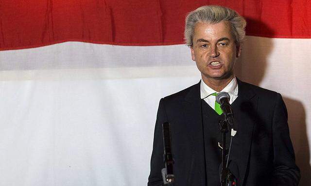 Far-right politician Geert Wilders of the anti-immigration Dutch Freedom (PVV) Party speaks at a PVV rally after the European Parliament elections in the Hague