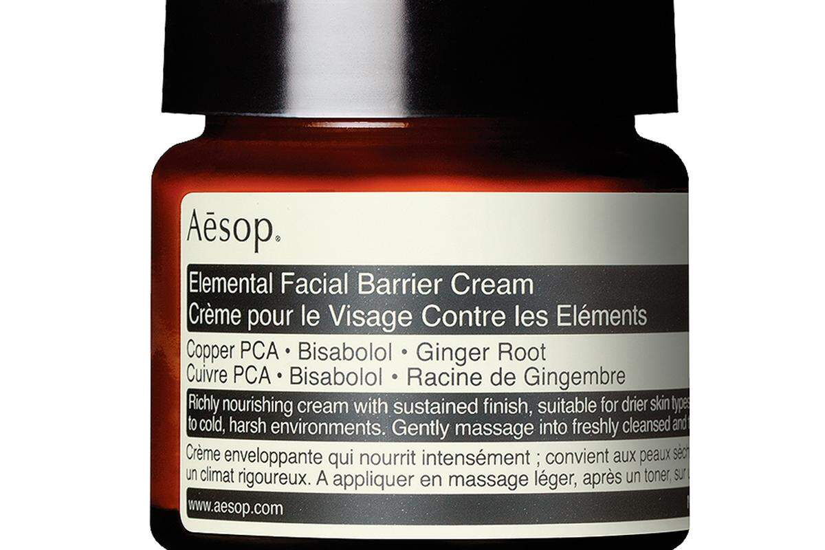 Die „Elemental Facial Barrier Cream“ von Aesop soll im Winter schützen und pflegen. Nicht zuletzt dank Rizinusölextrakten. Um 45 Euro, www.aesop.com