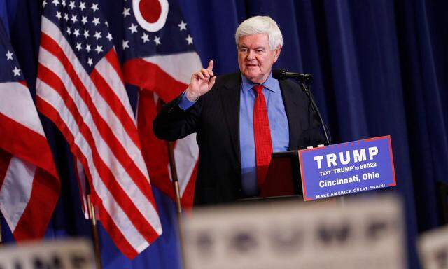 Former Speaker of the House Newt Gingrich speaks at a rally for U.S. Republican presidential candidate Donald Trump at the Sharonville Convention Center in Cincinnati, Ohio