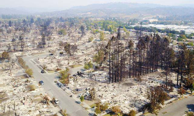 An aerial shows damage caused by wildfires in Santa Rosa