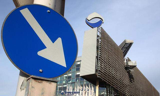 The headquarters of nationalised Hypo Alpe Adria is pictured behind a traffic sign in Klagenfurt