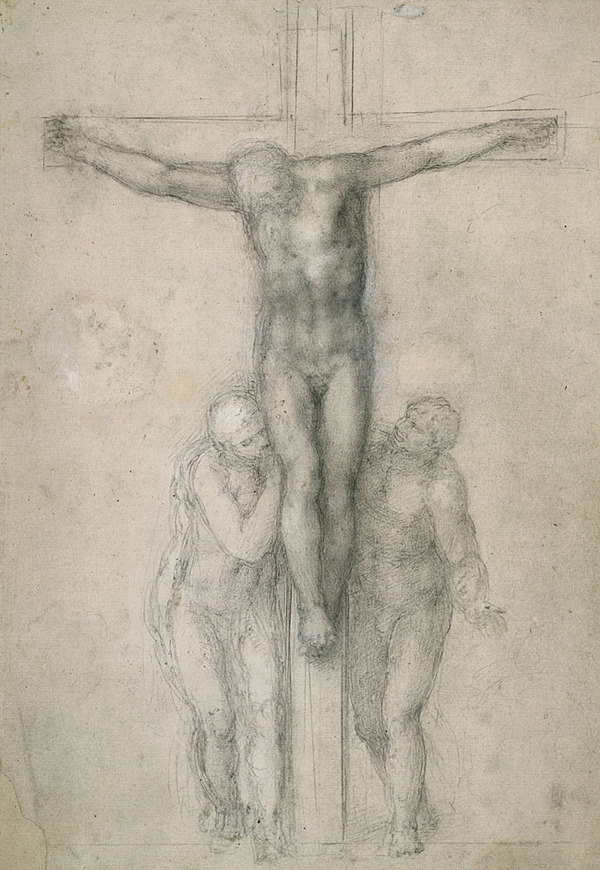 In seiner gesamten Schaffensperiode blieb Michelangelos Interesse am menschlichen Körper ungebrochen. Die Schau spannt den Bogen von der frühest erhaltenen Zeichnung von 1492 - eine Giotto-Kopie des 17-jährigen Michelangelos - bis zu seiner späten Schaffensperiode. Darin beschäftigte sich der Künstler intensiv mit Kreuzesdarstellungen und dem Tod. Im Bild: Christus am Kreuz mit Maria und dem heiligen Johannes, 1555-1564 ©The British Museum, London