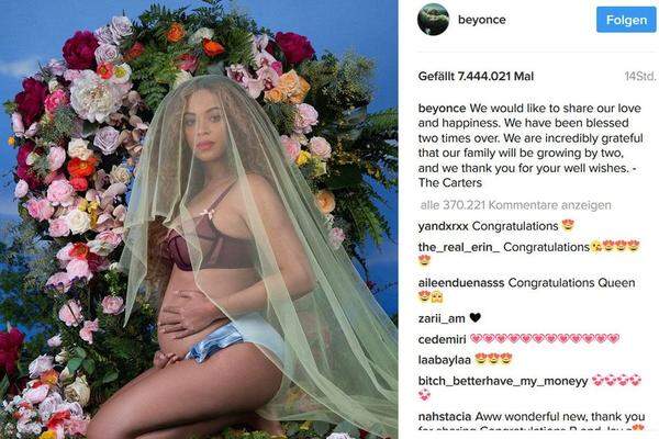 Noch einmal zurück zum Start. Beyonces Babybauch-Foto auf Instagram hat dafür einen Rekord aufgestellt. Der Post habe bereits nach 16 Stunden mehr als 7,5 Millionen Likes bekommen - so viel wie kein anderer Eintrag, urteilt eine Instagram-Sprecherin.