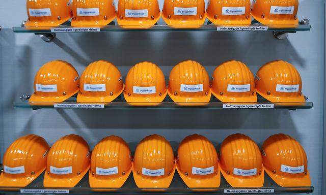 Helmets for visitors are stacked at Germany´s largest steel factory of Germany´s industrial conglomerate ThyssenKrupp AG in Duisburg,
