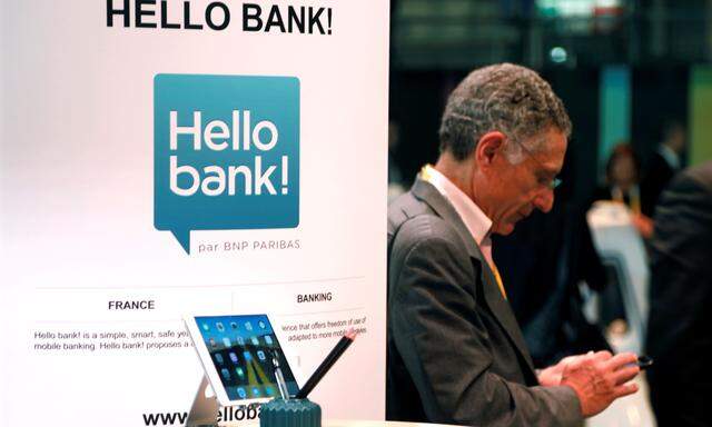 The logo of Hello Bank is pictured during the Viva Tech start-up and technology summit in Paris
