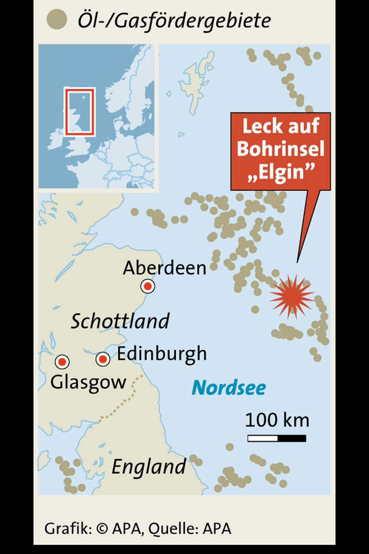 Die "Elgin"-Plattform ist eine Förderplattform, die rund 240 Kilometer östlich von Aberdeen in der Nordsee vor Schottland liegt. Das Meer ist dort nur knapp 100 Meter tief.